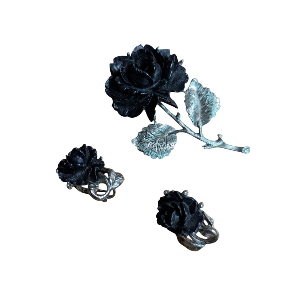 Vintage Black Rose Brooch Clip On Earrings Silver-Tone‎ Romantic Floral Jewelry